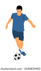 Soccer player kick the ball in dribbling vector illustration isolated on white background. Football game attraction, effective move. Spectacle for public. Sport man in battle for ball and position.