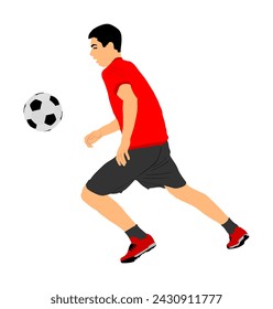 Soccer player kick the ball in dribbling vector illustration isolated on white background. Football game attraction, effective move. Spectacle for public. Sport man in battle for ball and position.