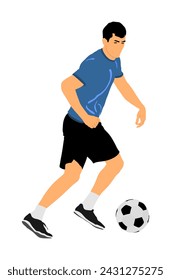 Soccer player kick the ball in dribbling vector illustration isolated on white background. Football game attraction, effective move. Spectacle for public. Sport man in battle for ball and position.