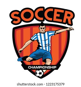 Soccer Player Kick Ball Emblem Vector Illustration
