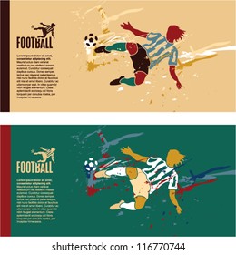 Soccer player kick the ball. Football colorful grunge vintage vector banner background.