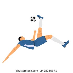 Soccer player kick the ball in scissor moves vector silhouette illustration isolated on white background. Football game attraction, effective move. Spectacle for public. Sport man in attractive pose.