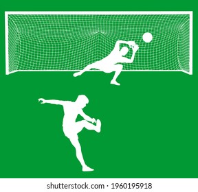 Soccer player kick ball, takes the penalty against goalkeeper vector silhouette isolated on background. Goal net construction. Football goal keeper against shot. Defender sportsman keep goal.