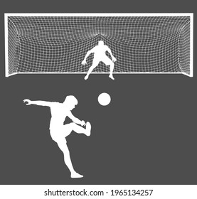 Soccer player kick ball, takes the penalty against goalkeeper vector silhouette illustration isolated on black. Goal net construction. Football goal keeper against shot. Defender sportsman keep goal.