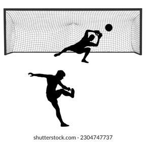 Soccer player kick ball, takes the penalty against goalkeeper vector silhouette illustration isolated on white. Goal net construction. Football goal keeper against shot. Defender sportsman keep goal.