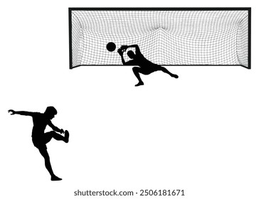 Soccer player kick ball, takes the penalty against goalkeeper vector silhouette illustration isolated on white. Goal net construction. Football goal keeper against shot. Defender sportsman keep goal.