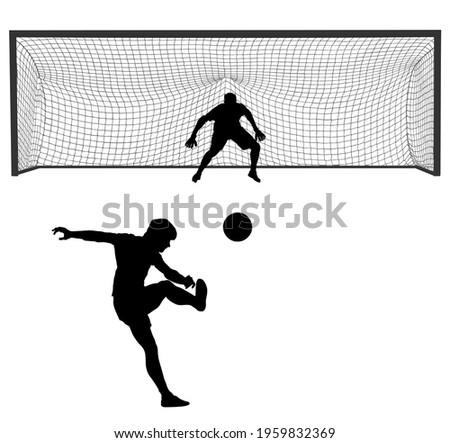 Soccer player kick ball, takes the penalty against goalkeeper vector silhouette isolated on white background. Goal net construction. Football goal keeper against shot. Defender sportsman keep goal.