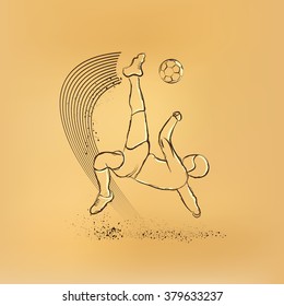 Soccer player kick in falling. Vector retro illustration, old paper.