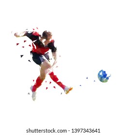 Soccer player kickin ball, isolated low polygonal geometric vector illustration. Team sport athlete