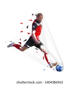 Soccer player kickin ball, isolated low polygonal geometric vector illustration. Team sport athlete