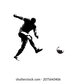 Soccer player kicking ball, abstract isolated vector silhouette, footballer logo, ink drawing, side view