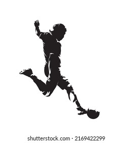 Soccer player kicking ball, abstract isolated vector silhouette, ink drawing. Footballer logo, side view