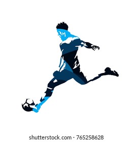 Soccer player kicking ball, abstract blue vector silhouette, side view