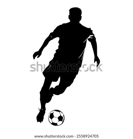 Soccer player kicking ball, abstract isolated vector silhouette, footballer logo, ink drawing, rear view