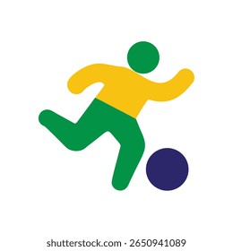 Jogador de futebol chutando bola no Brasil bandeira cores verde amarelo azul no futebol