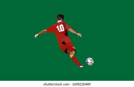 Soccer player kicking ball. European football player abstract polygonal concept. Low poly
