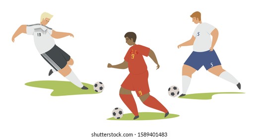 Soccer player kicking ball flat vector illustration. Football players set in sports uniforms in different poses of hitting and taking the ball. European football championship, Europe Football concept