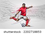 Soccer Player Kicking Ball. Football Player In Action On Stadium Vector Illustration.