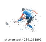 Soccer player kicking ball, football. Isolated distorted vector illustration. Team sports, side view