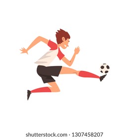 Soccer Player Kicking Ball, Football Player Character in Sports Uniform Training and Practicing Football Vector Illustration