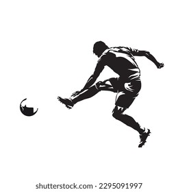 Soccer player kicking ball, football. Isolated vector silhouette. Team sport athlete, side view