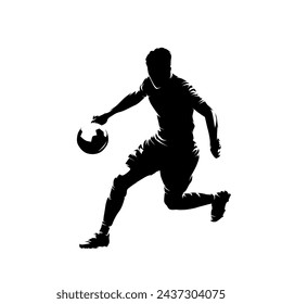 Soccer player kicking ball, football, isolated vector silhouette