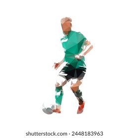 Soccer player kicking ball, football, isolated low poly vector illustration