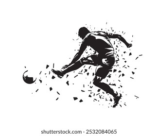 Soccer player kicking ball, football. Isolated distorted vector silhouette. Team sports, side view