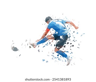 Jogador de futebol chutando bola, futebol. Ilustração isolada de vetor distorcido. Esportes em equipe, visão lateral