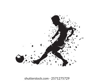 Soccer player kicking ball, football. Isolated vector silhouette with dispersion effect, ink drawing. Team sports