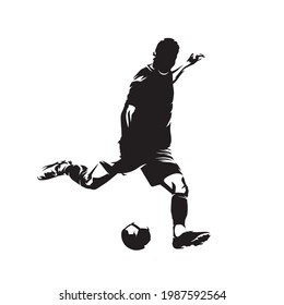 Soccer player kicking the ball, footballer. Isolated vector silhouette, ink drawing