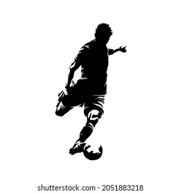 Soccer player kicking ball, footballer shoots and scores a goal, isolated vector silhouette, ink drawing, front view