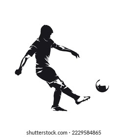 Soccer player kicking ball, footballer scoring goal, isolated vector silhouette. Football, team sport