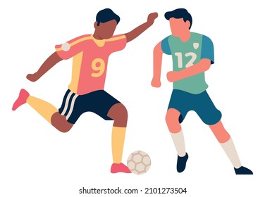 Soccer player kicking ball in front of another team member. Shot attempt