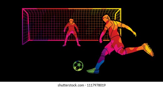 Soccer player kicking ball with Goalkeeper standing action designed using colorful graphic vector.