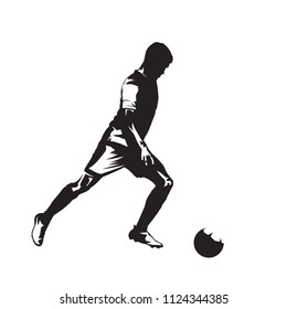 Soccer player kicking ball, isolated vector silhouette, ink drawing. Side view. Footballer