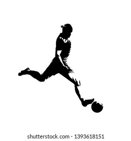 Soccer player kicking ball, isolated vector silhouette. Football, team sport