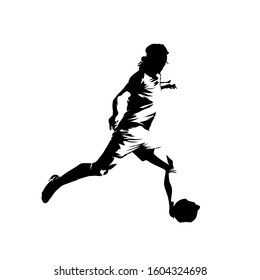 Soccer player kicking ball, isolated vector silhouette, ink drawing