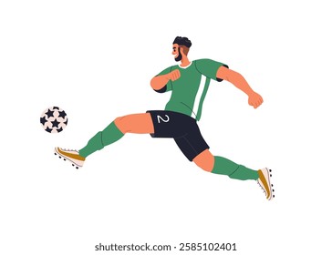 Soccer player kicking ball with leg. Active happy athlete playing European football, running. Professional sportsman in movement, action. Flat vector illustration isolated on white background