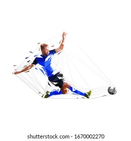 Soccer player kicking ball, liw polygonal vector illustration, footballer