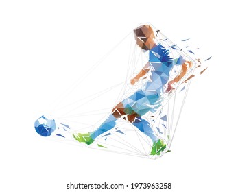 Soccer player kicking ball, low polygonal footballer. Geometric isolated vector illustration from triangles