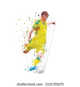 Soccer player kicking ball, low polygonal footballer shoots and scores a goal, geometric isolated vector illustration from triangles, front view