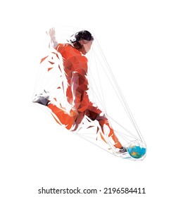 Soccer player kicking ball, low polygonal isolated vector illustration, geometric drawing from triangles. Footballer logo, side view