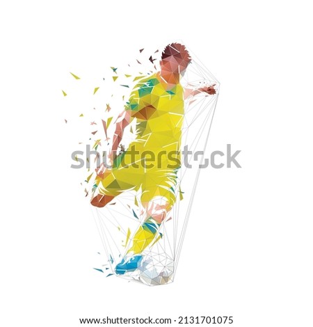 Soccer player kicking ball, low polygonal footballer shoots and scores a goal, geometric isolated vector illustration from triangles, front view