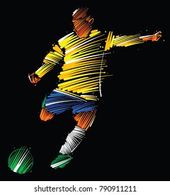 soccer player kicking the ball made of colorful brushstrokes on dark background