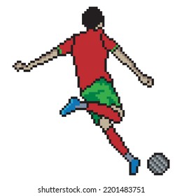 Soccer player kicking ball with pixel art. Vector illustration