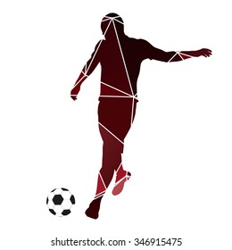 Soccer player kicking ball. Red geometric silhouette