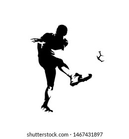 Soccer player kicking ball and scoring goal, abstract ink drawing vector silhouette. Isolated footballer