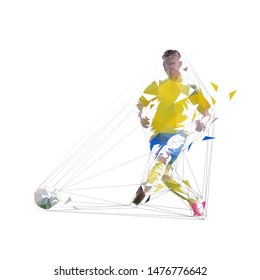 Soccer player kicking ball and scoring goal, abstract low polygonal geometric vector illustration. Isolated footballer in yellow jersey