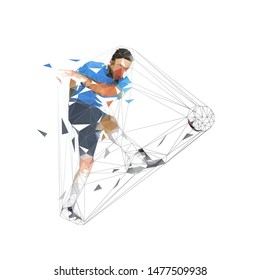 Soccer player kicking ball and scoring goal, abstract low polygonal geometric vector illustration. Isolated footballer in blue jersey